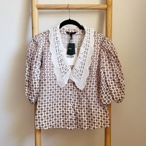 Maje Printed Shirt with Embroidered Collar